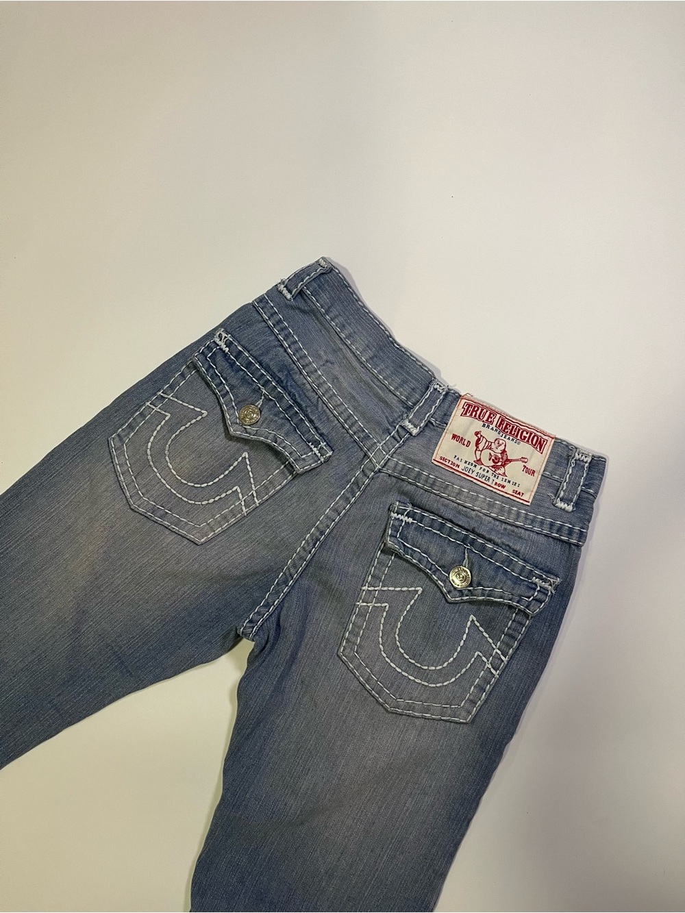 true religion light wash blue stitch straight leg denim